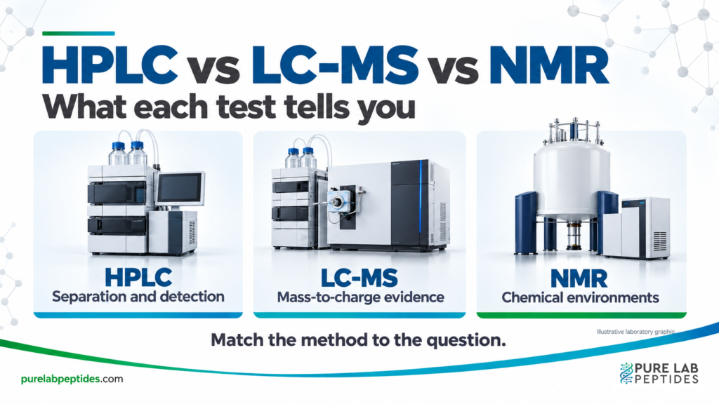 Conceptual HPLC, LC-MS and NMR instruments labeled with separation and detection, mass-to-charge evidence and chemical environments.
